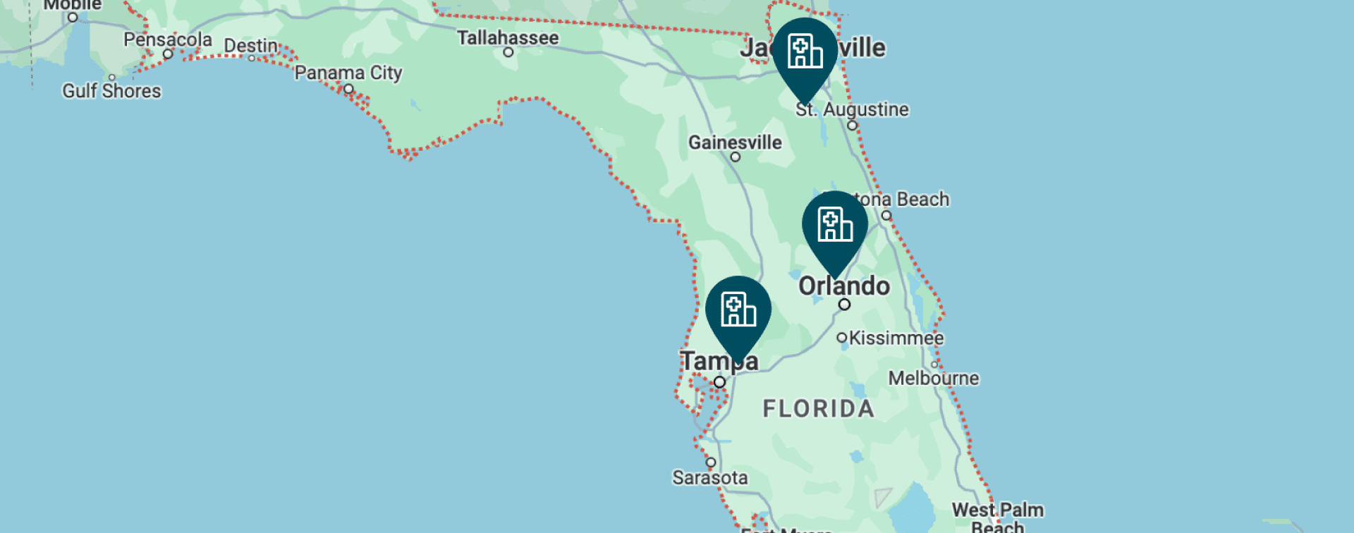 Florida map showing Walmart Health Center location pins in Tampa, Orlando and Jacksonville areas